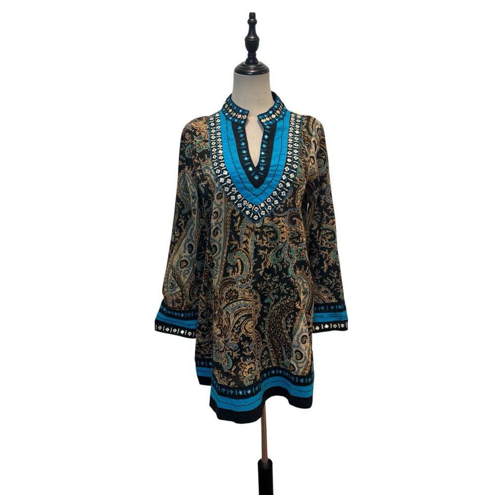 soft surroundings Brown Blue Tunic Dress Paisley Embroidered Sz S Boho Festival